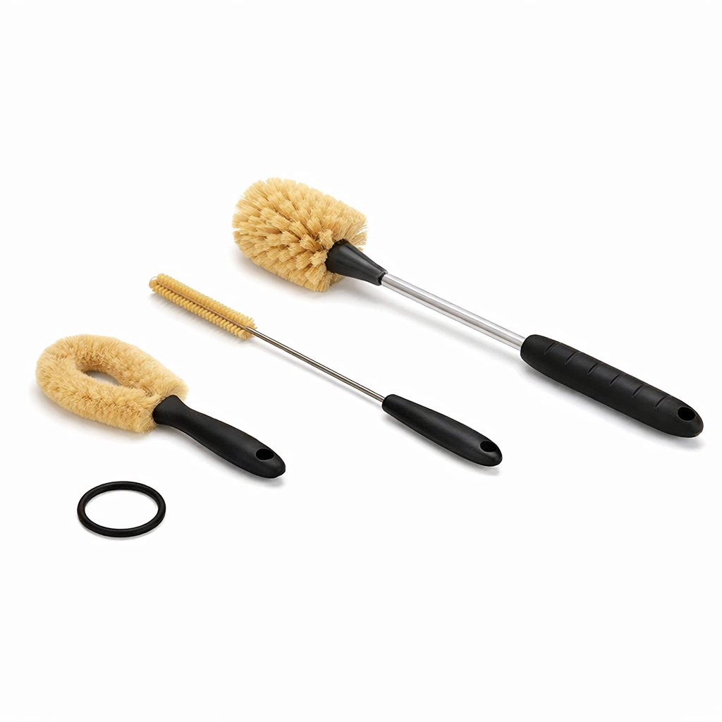 Kit de Escovas para Limpeza de Garrafas, Canudos e Tampas com três escovas de diferentes tamanhos para limpeza eficiente.