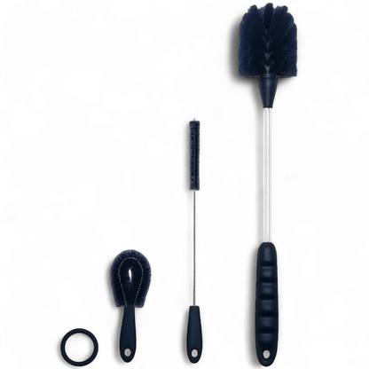 Kit de Escovas para Limpeza de Garrafas, Canudos e Tampas com 3 peças diferentes para limpeza eficiente.