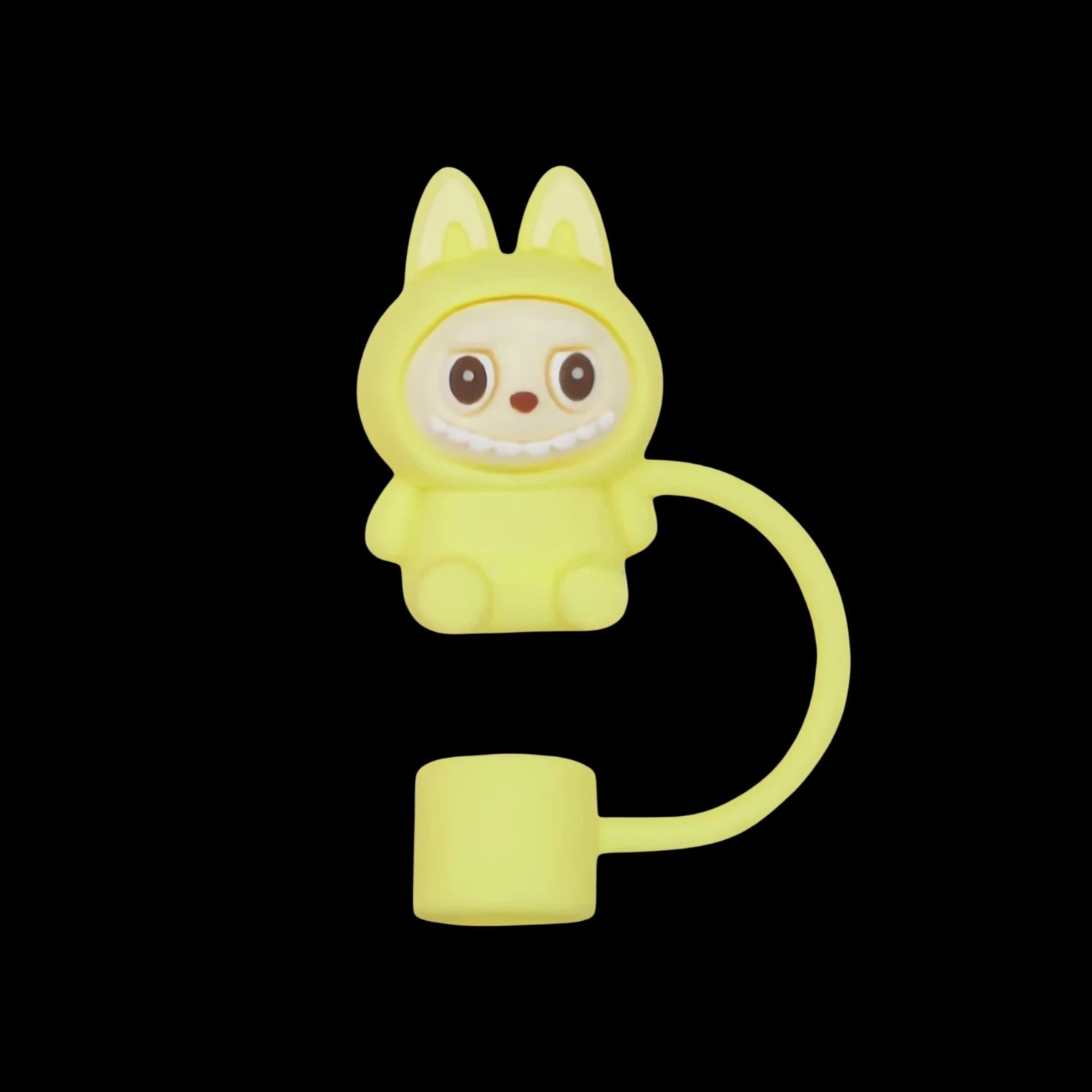 Protetor de Canudo Quencher - Labubu em silicone amarelo com design divertido e tampa para higiene e estilo.