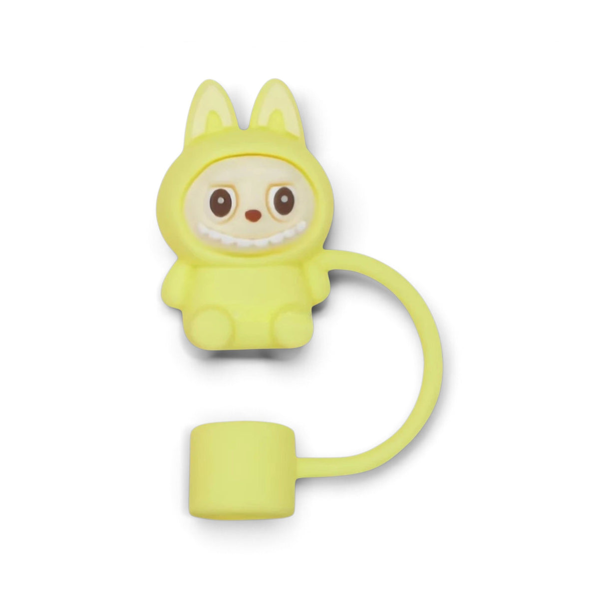 Protetor de Canudo Quencher - Labubu em silicone amarelo com design divertido e tampa para higiene e estilo.