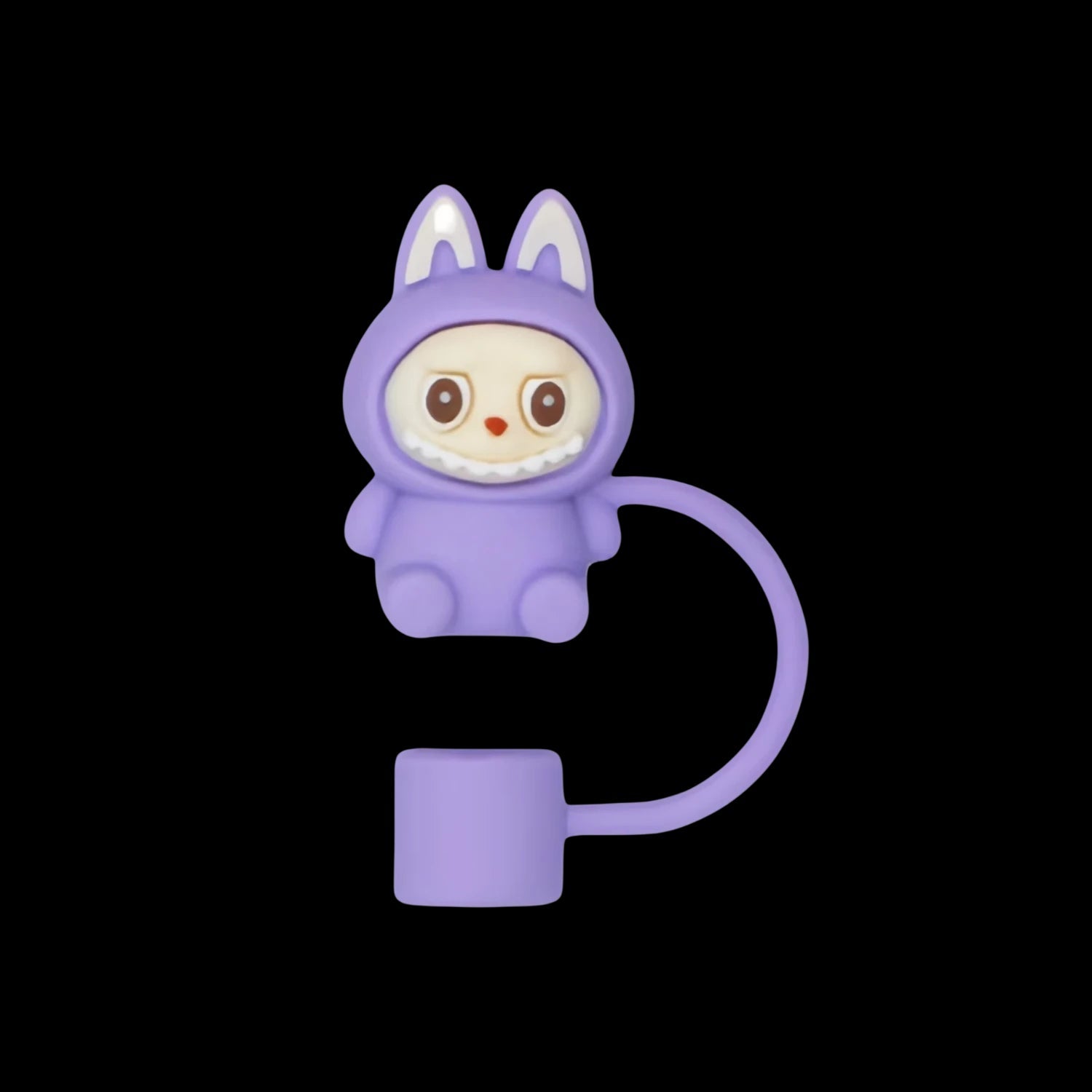 Protetor de Canudo Quencher - Labubu em silicone roxo com design divertido e tampa acoplada para higiene