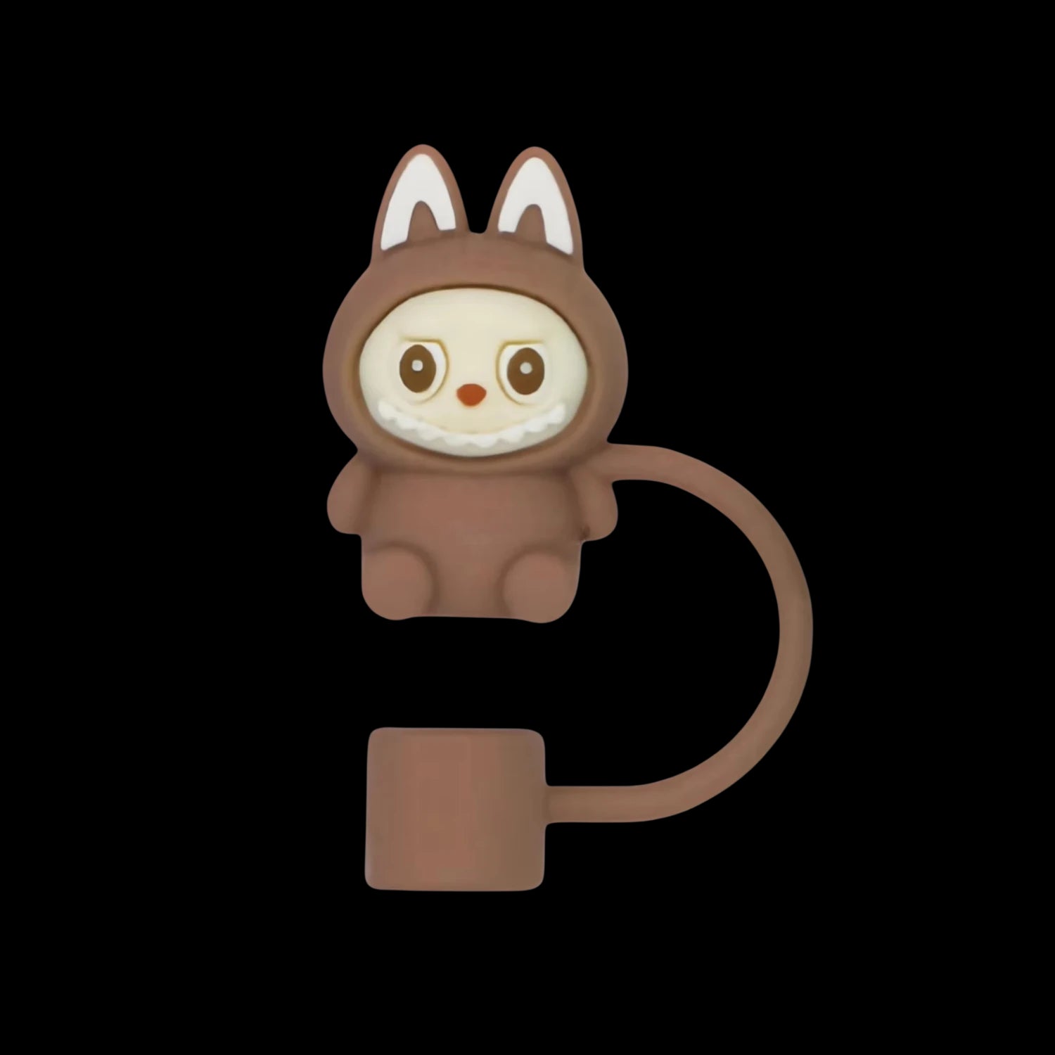 Protetor de Canudo Quencher - Labubu em silicone marrom, design divertido de personagem para higiene infantil.