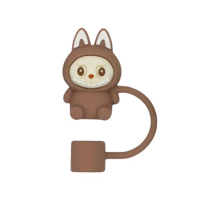 Protetor de Canudo Quencher - Labubu em silicone marrom com design infantil divertido e tampa acoplada para higiene.