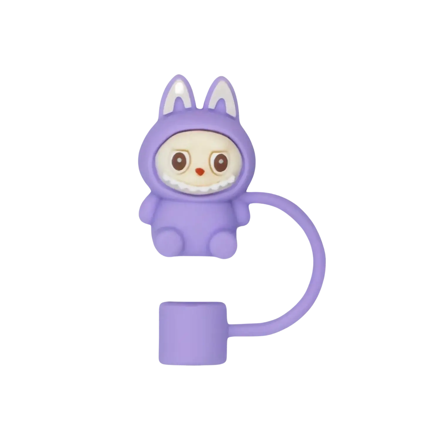 Protetor de Canudo Quencher - Labubu em silicone flexível, design infantil divertido, tampa acoplada para higiene e proteção.