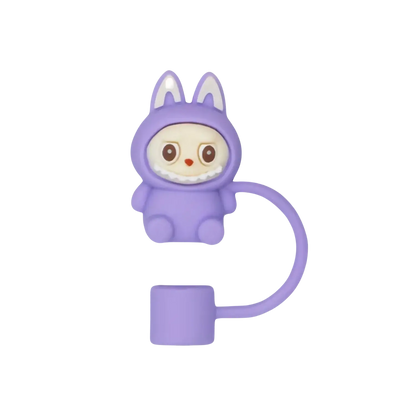 Protetor de Canudo Quencher - Labubu em silicone flexível, design infantil divertido, tampa acoplada para higiene e proteção.