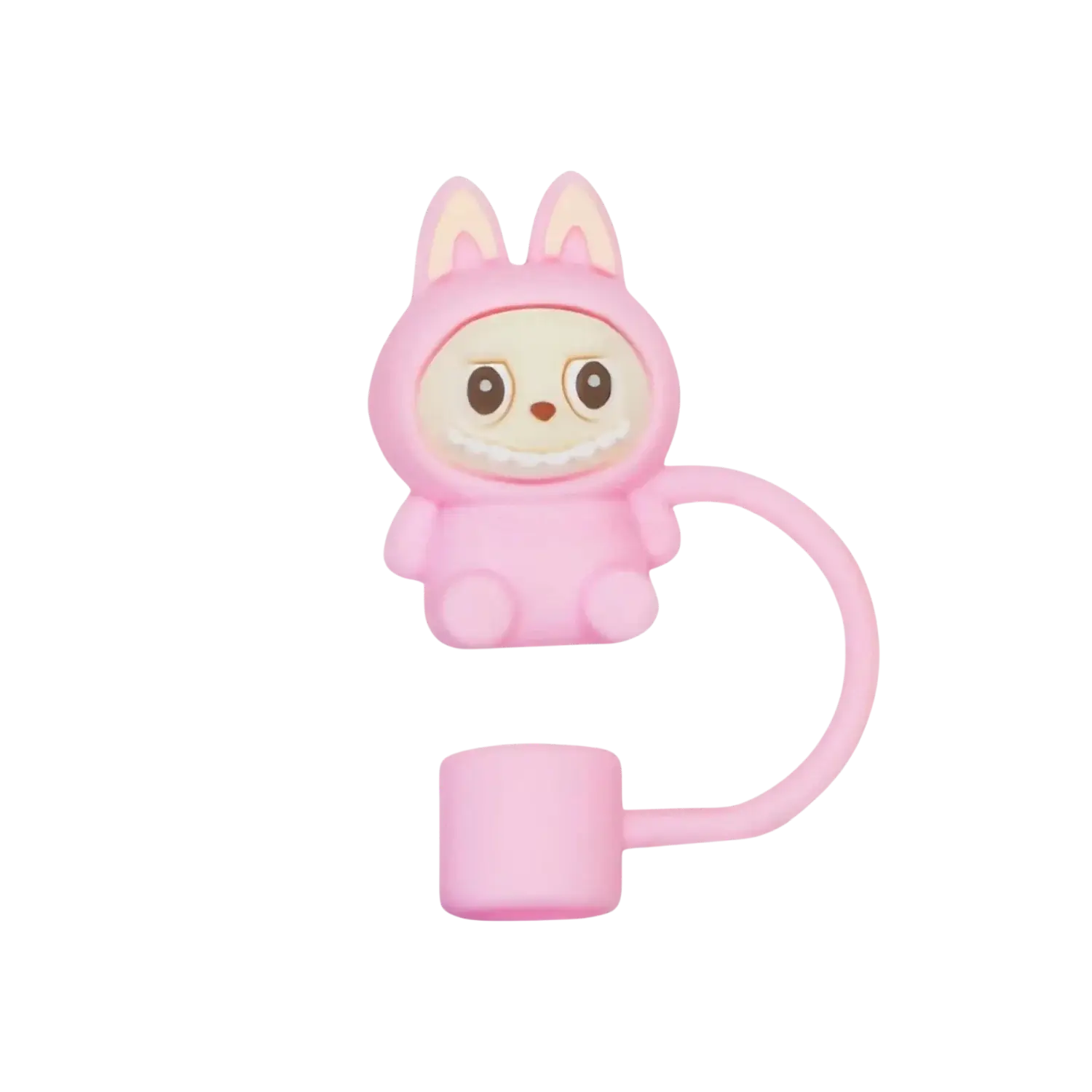 Protetor de Canudo Quencher - Labubu em silicone rosa, divertido e higiênico, perfeito para uso infantil e diário.