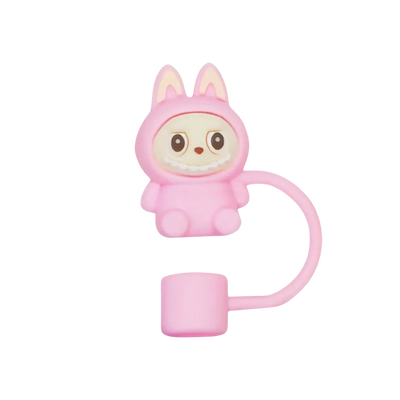 Protetor de Canudo Quencher - Labubu em silicone rosa, divertido e higiênico, perfeito para uso infantil e diário.