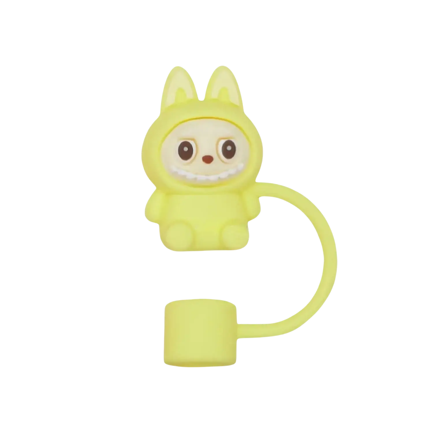 Protetor de Canudo Quencher - Labubu em silicone amarelo com design divertido para higiene e estilo.