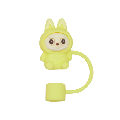 Protetor de Canudo Quencher - Labubu em silicone amarelo com design divertido para higiene e estilo.