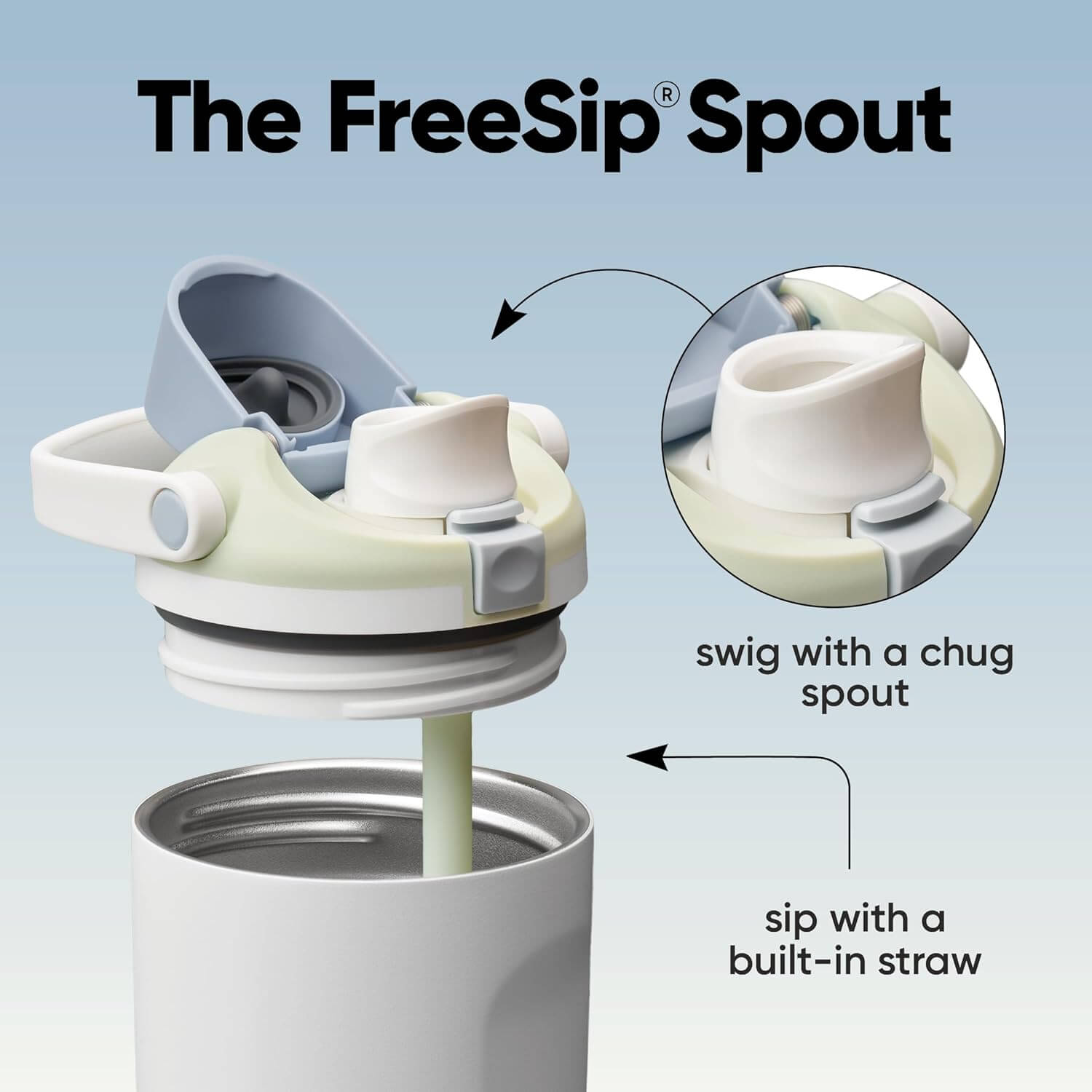 Detalhe do bico FreeSip na Garrafa Térmica Owala FreeSip Sway - 887ml com canudo embutido e bocal para beber de dois modos.