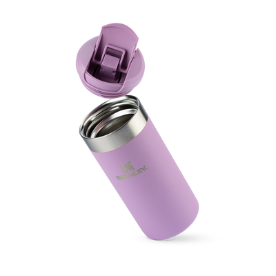 Garrafa Térmica Aerolight Transit | 354ml em cor lilás com tampa aberta, ideal para manter bebidas na temperatura ideal por horas.