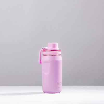 Garrafa Térmica PACCO Vyta 350ml rosa com design moderno e funcional em fundo cinza claro.