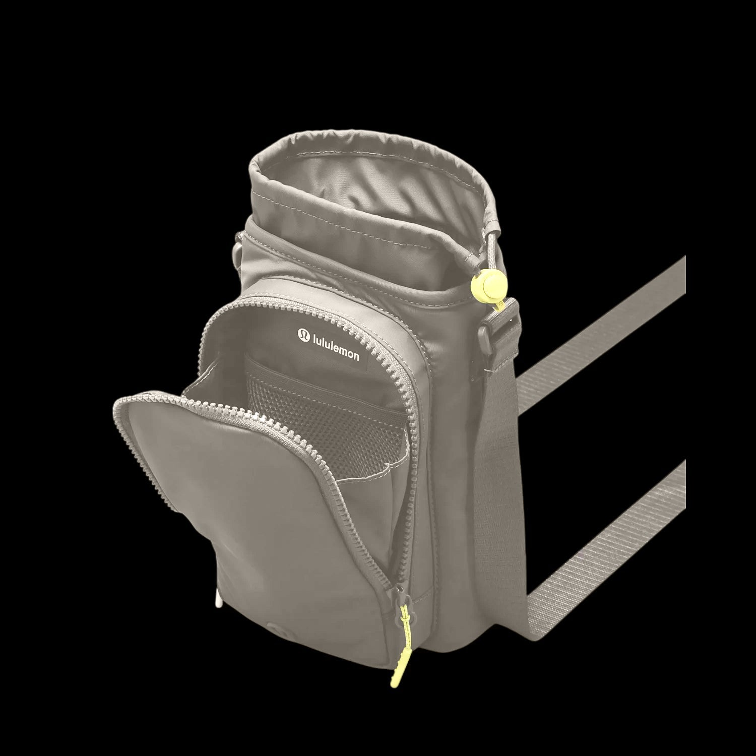 Bolsa para Garrafa Térmica - Cross Bottle Lululemon preta com compartimentos abertos, ideal para transportar objetos pequenos.