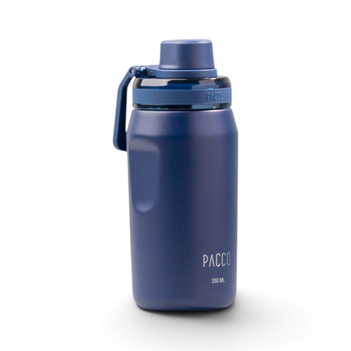 Garrafa Térmica PACCO Vyta 350ml em azul, ideal para manter bebidas na temperatura certa, feita de aço inoxidável de grau cirúrgico.