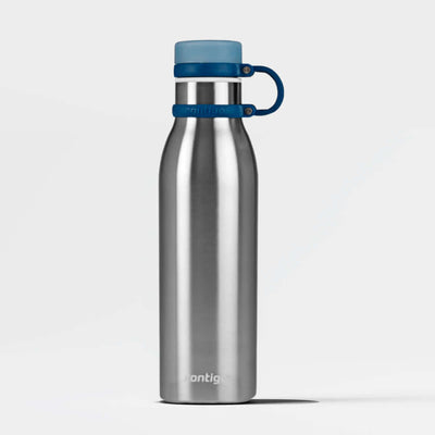 Garrafa Térmica Contigo Matterhorn THERMALOCK™ 591ml em aço inox com tampa azul, mantém bebidas quentes por 10h ou frias por 24h.