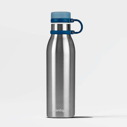Garrafa Térmica Contigo Matterhorn THERMALOCK™ 591ml em aço inox com tampa azul, mantém bebidas quentes por 10h ou frias por 24h.
