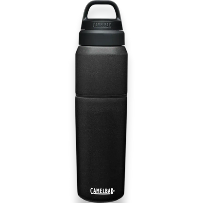 Garrafa Térmica Camelbak MultiBev 650ml em aço inoxidável preto com tampa removível ideal para bebidas em viagem.