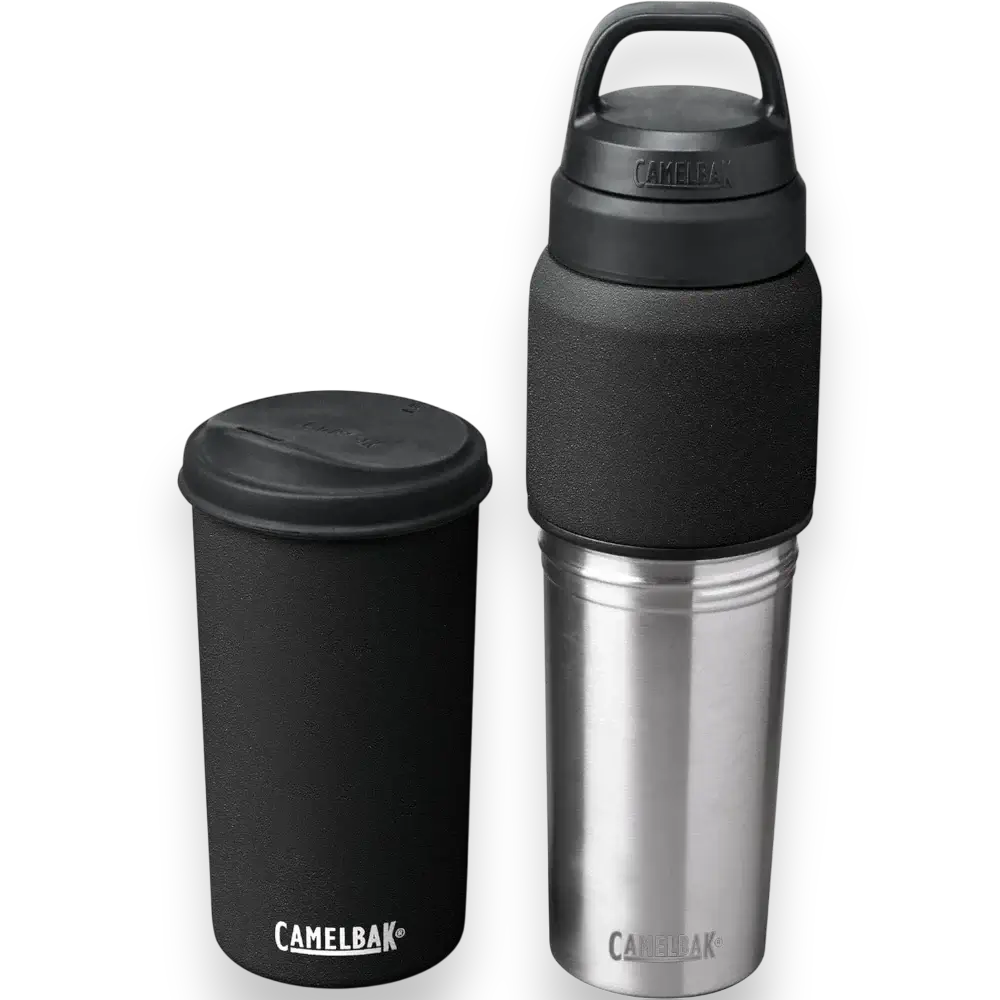 Garrafa Térmica Camelbak MultiBev 650ml com sistema 2 em 1, aço inoxidável e copo destacável, ideal para bebida quente ou fria.