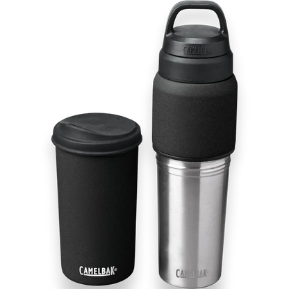 Garrafa Térmica Camelbak MultiBev 650ml com sistema 2 em 1, aço inoxidável e copo destacável, ideal para bebida quente ou fria.