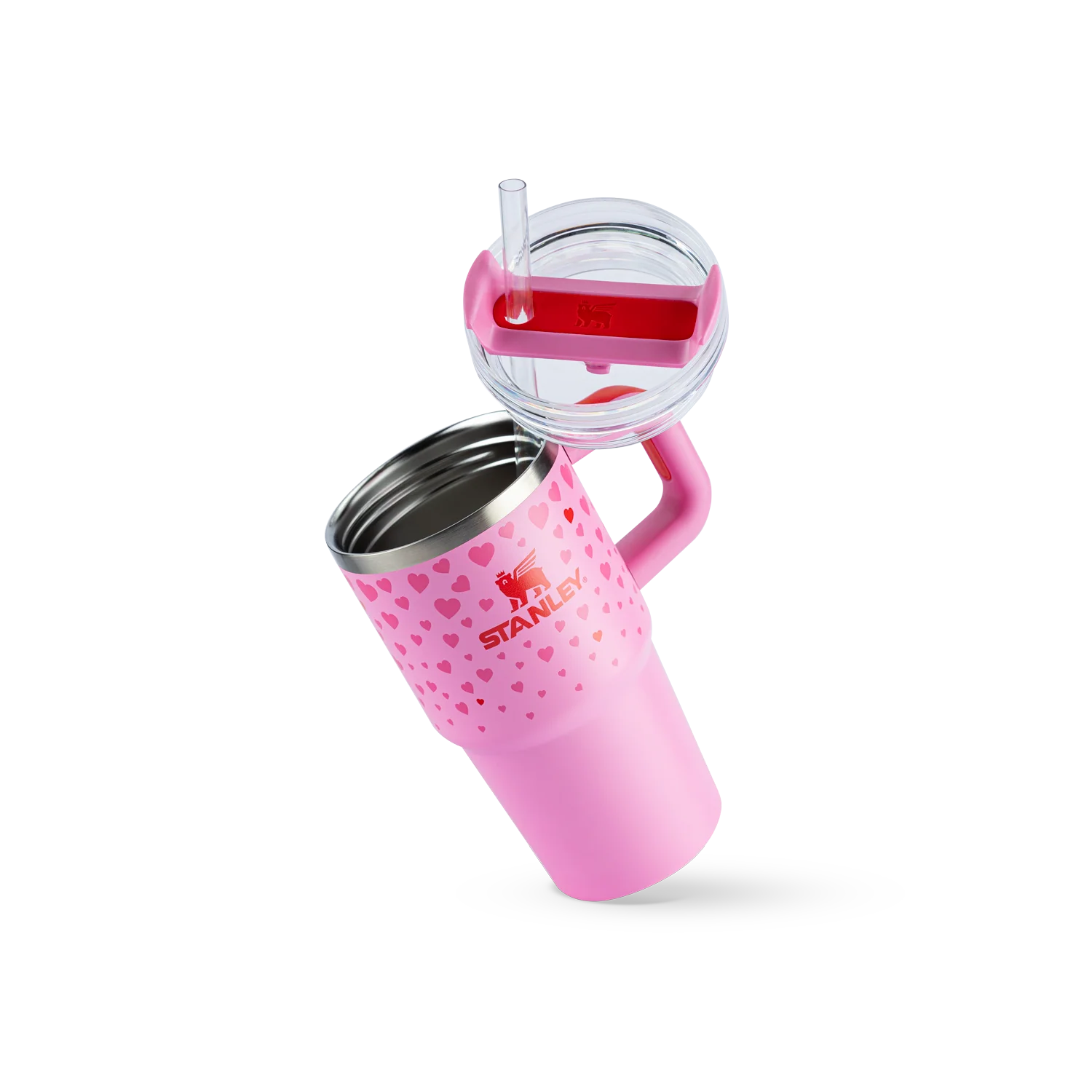 Copo Quencher com alça Stanley | 591ml em design rosa com canudo reutilizável e isolamento a vácuo de parede dupla.