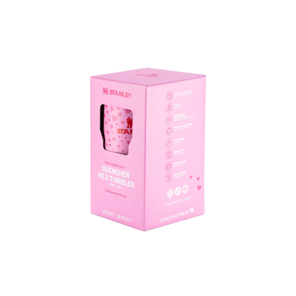 Copo Quencher com alça Stanley | 591ml em embalagem rosa, ideal para hidratação prática e estilo com isolamento a vácuo de parede dupla.