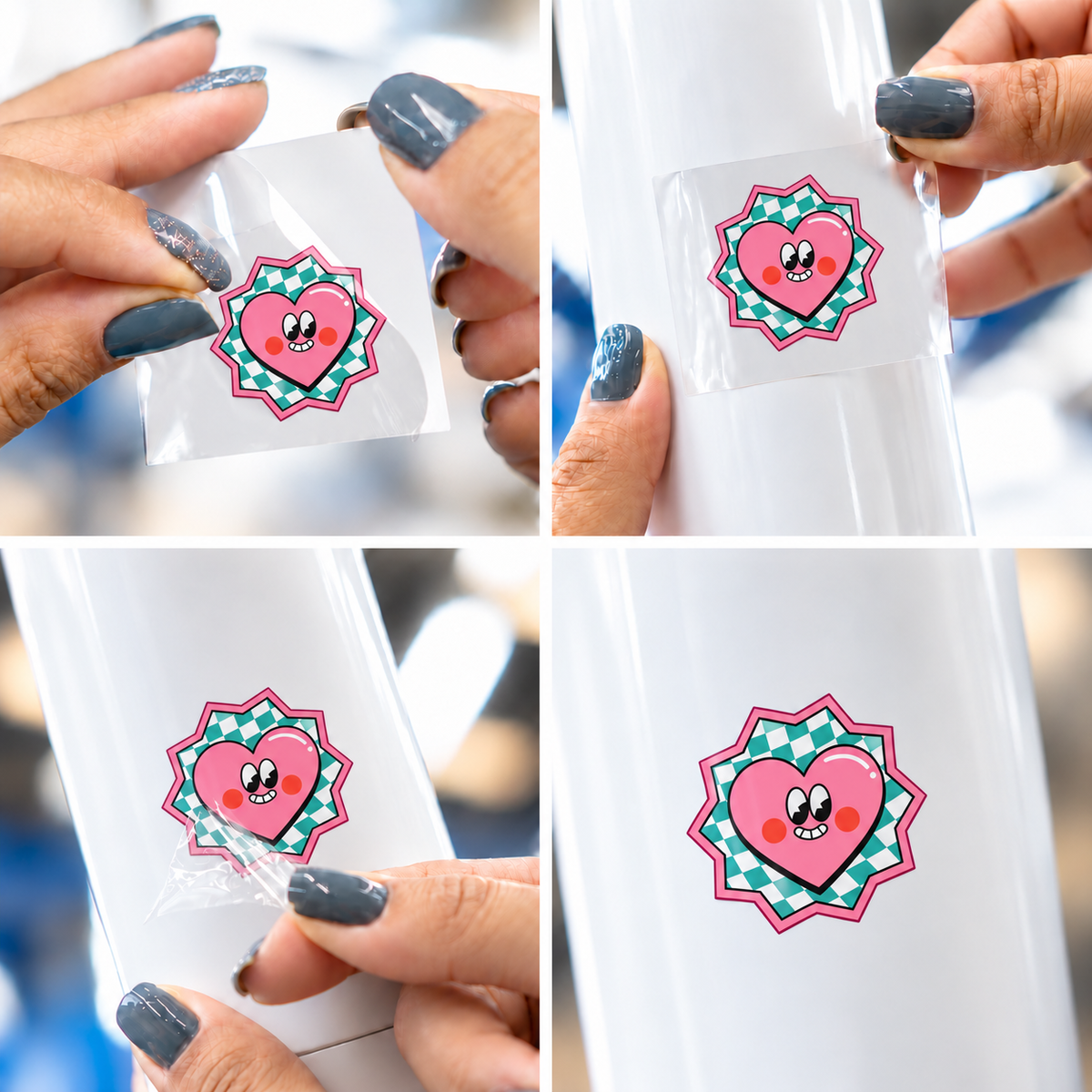 Coração Retrô — sticker UV DTF individual com verniz — passo a passo ilustrativo de aplicação