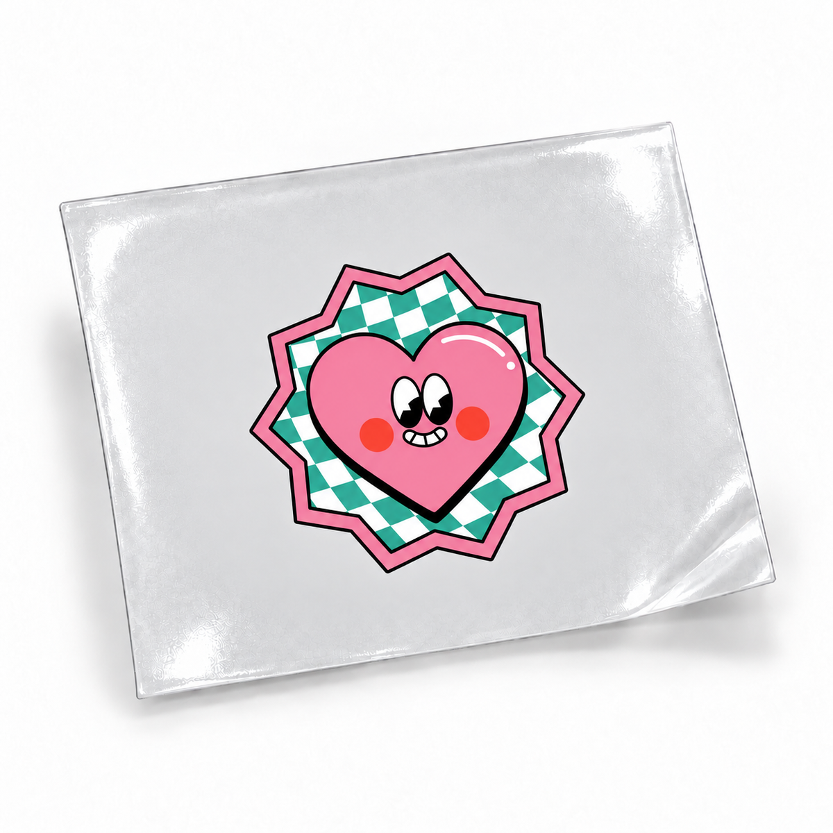 Coração Retrô — sticker UV DTF individual com verniz — apresentação