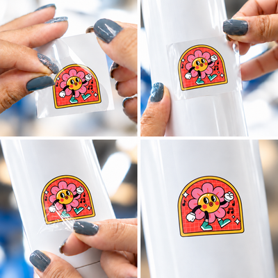Flor Dançante — sticker UV DTF individual com verniz — passo a passo ilustrativo de aplicação