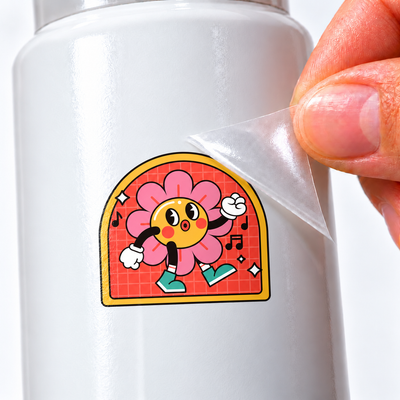 Flor Dançante — sticker UV DTF individual com verniz — detalhe de aplicação