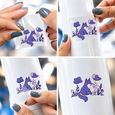 Raposa Lilás — sticker UV DTF individual com verniz — passo a passo ilustrativo de aplicação