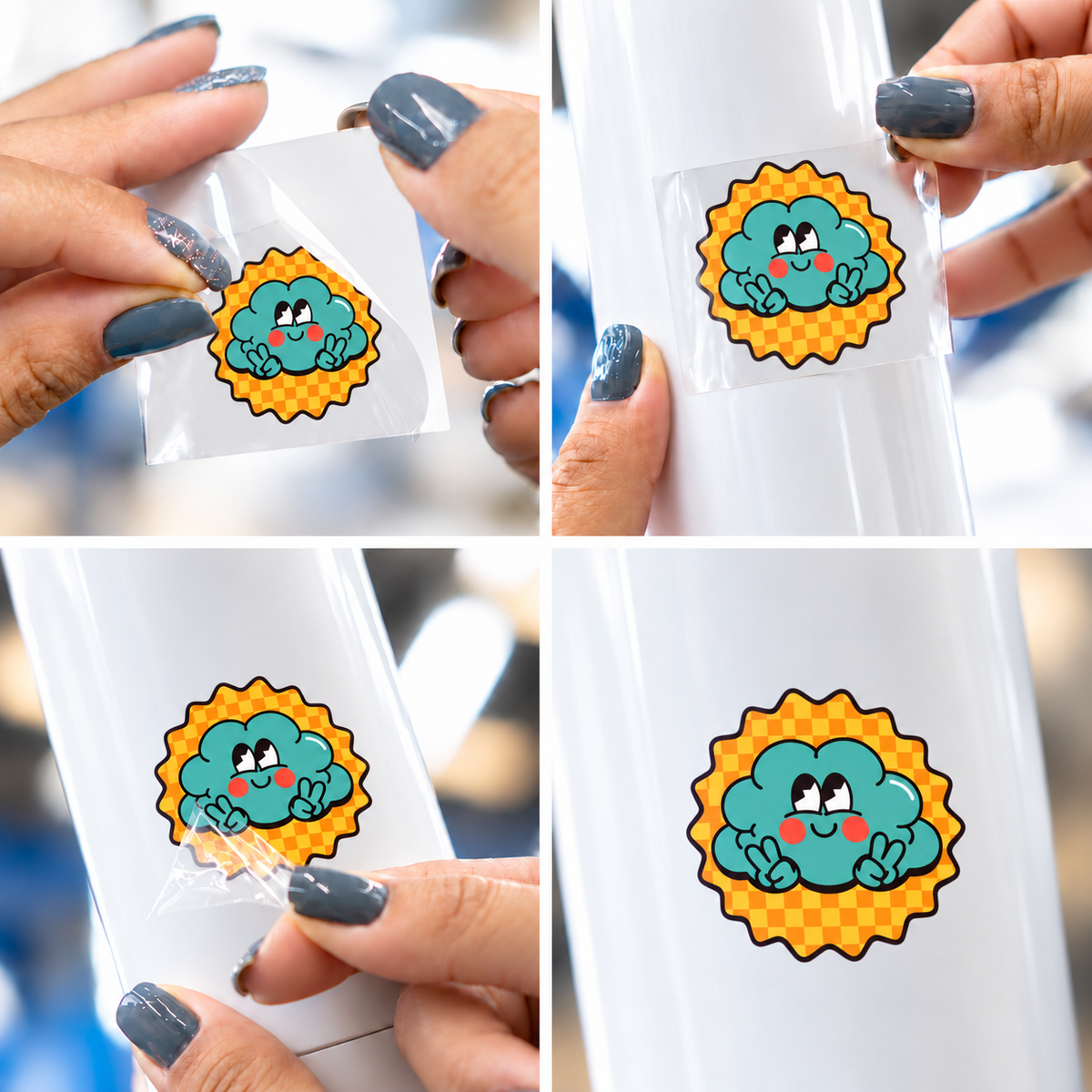 Flor Good Vibes — sticker UV DTF individual com verniz — passo a passo ilustrativo de aplicação