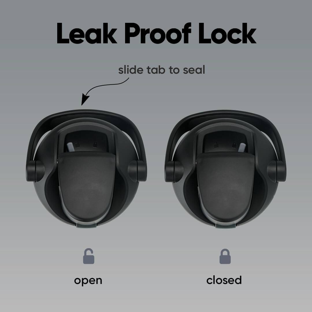 Tampa com trava à prova de vazamentos da Garrafa Térmica Owala FreeSip Sway - 887ml, aberta e fechada, com alça "bucket handle".