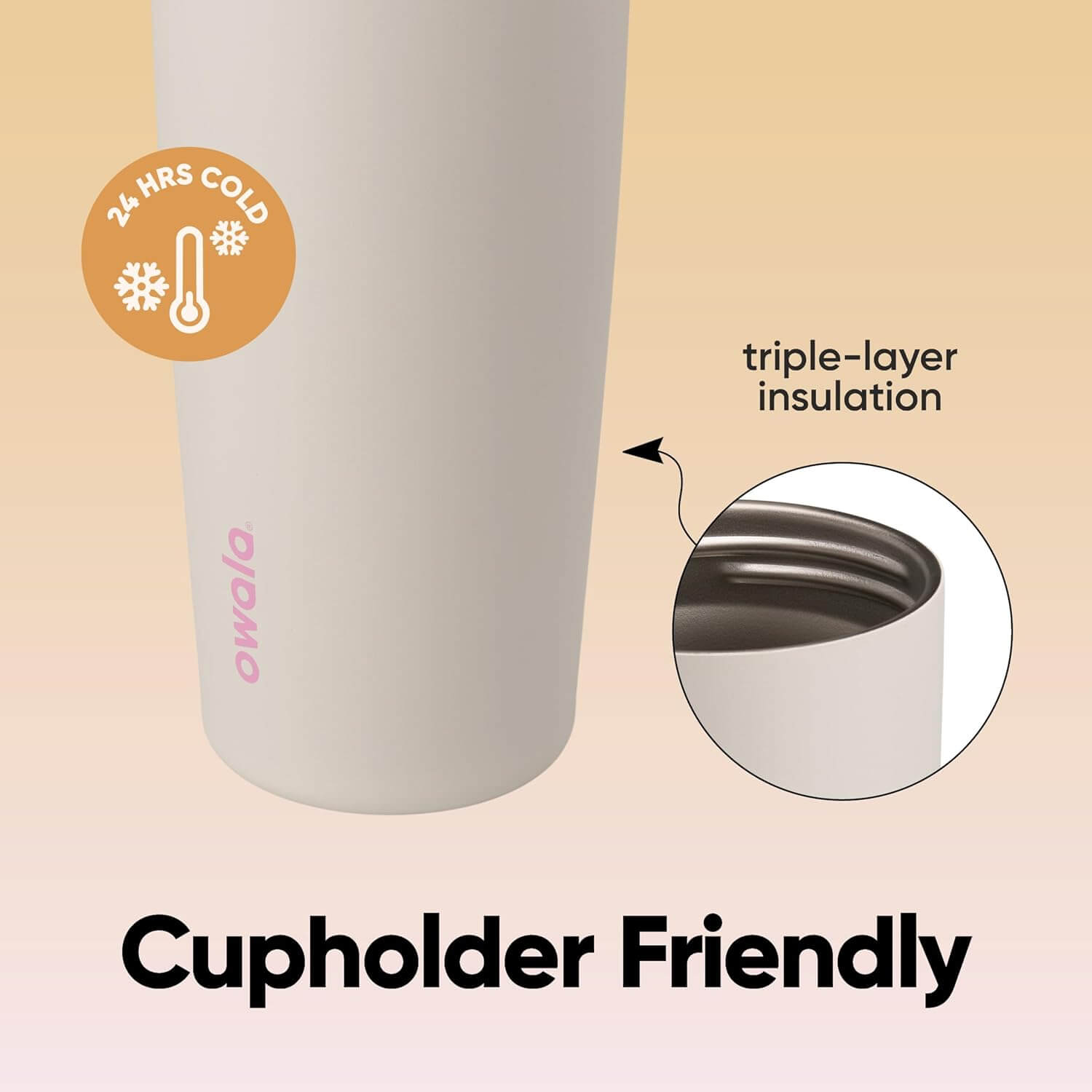 Detalhes da Garrafa Térmica Owala FreeSip Sway - 887ml com isolamento triplo e frase 'Cupholder Friendly' em destaque.