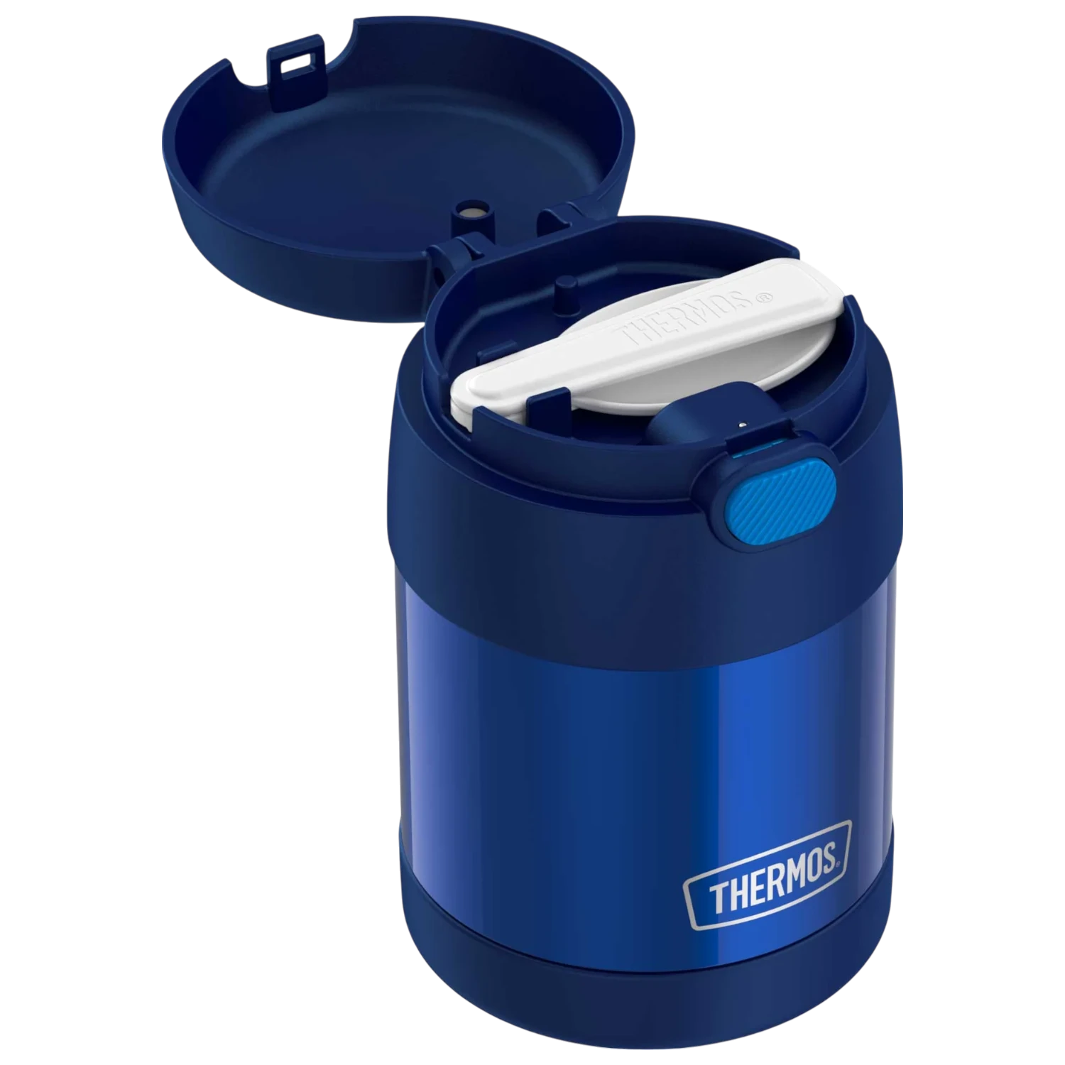 Pote Térmico Thermos ® 283g Funtainer azul com colher embutida e tampa aberta, mantendo alimentos na temperatura ideal.