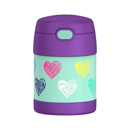 Pote Térmico Thermos ® 283g Funtainer infantil roxo com estampas de corações, isolamento avançado para manter alimentos quentes ou frios.