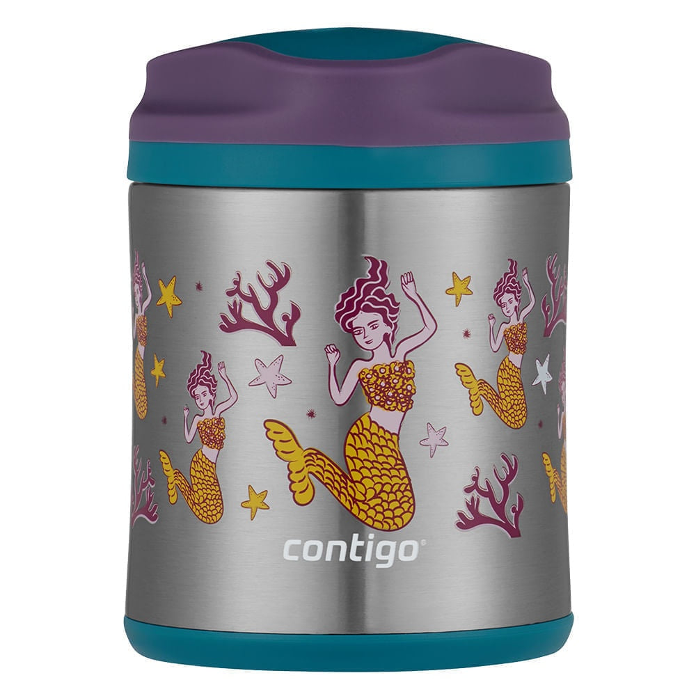 Pote Térmico Kids Contigo (284 ml) Inox Sereia, vista frontal com tampa fechada