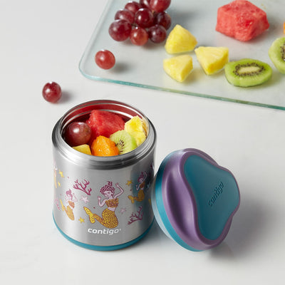Pote Térmico Kids Contigo (284 ml) Inox Sereia, kit com os itens juntos, tampa fechada