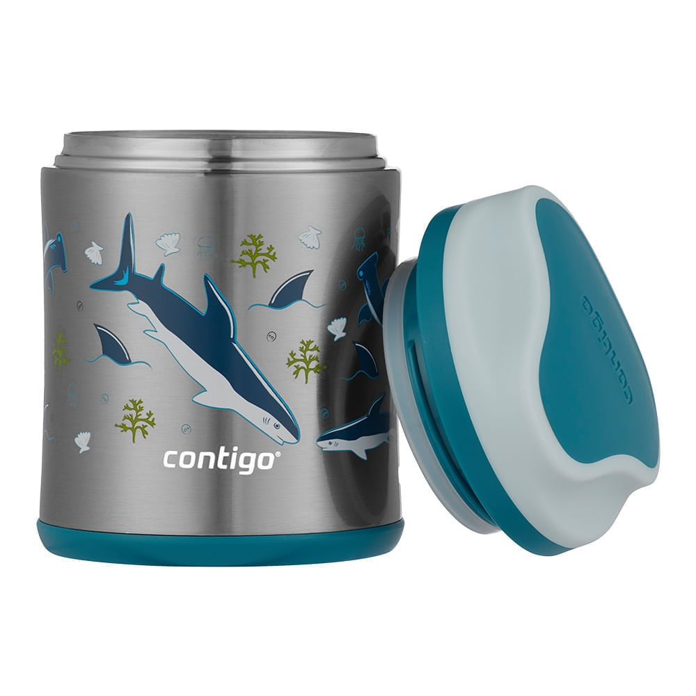 Pote Térmico Kids Contigo (284 ml) Inox Tubarão, vista lateral com tampa aberta