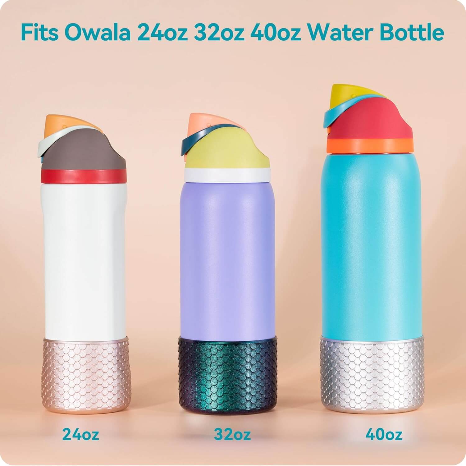 Capa de Silicone Sereia Médio - ( Owala Version ) fit bottles, showcasing three sizes: 24oz, 32oz, 40oz