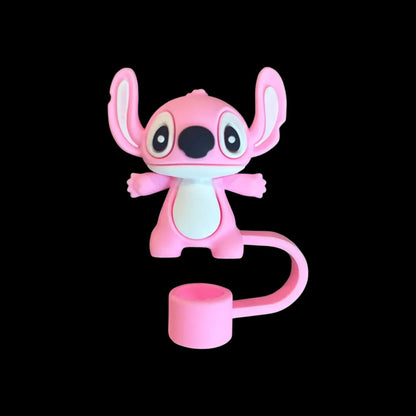 Protetor de Canudo Quencher - Variados em formato de personagem rosa, feito de silicone, ideal para proteger canudos com estilo.