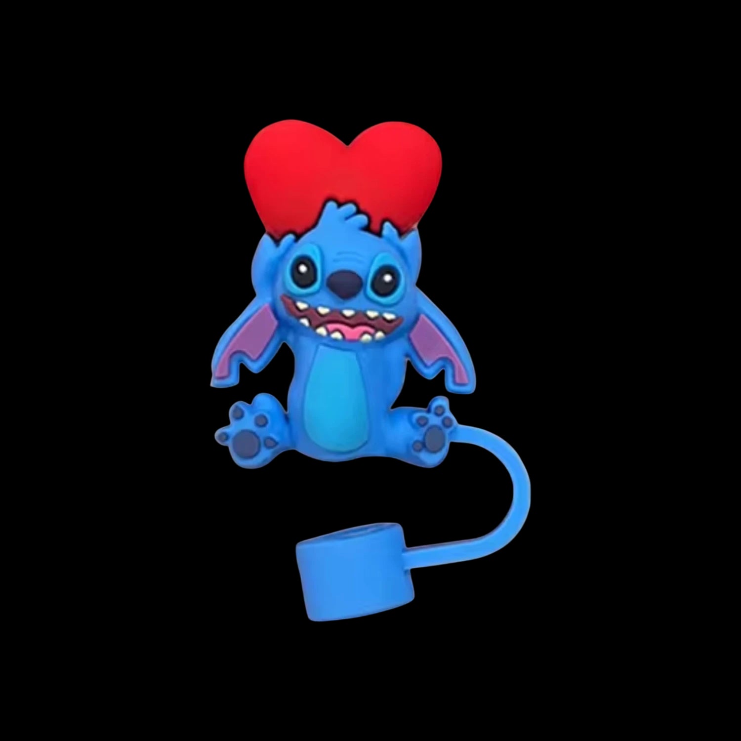 Protetor de Canudo Quencher - Variados com design temático de personagem azul e coração, feito em silicone flexível.