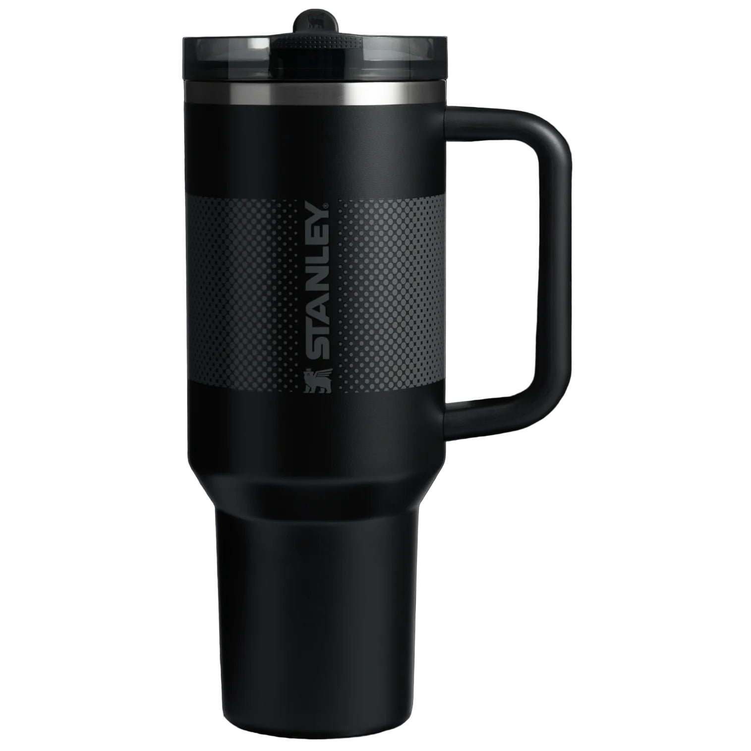 Copo Quencher Protour Stanley | 1,18L preto com isolamento térmico e canudo embutido, ideal para treino e viagens, em fundo preto.