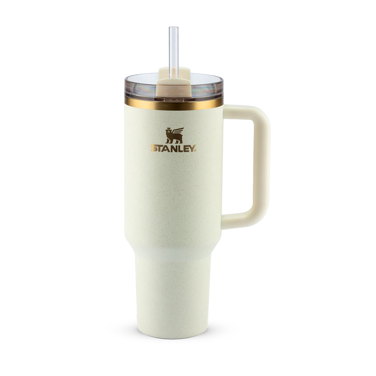 Copo Quencher Stanley 1,18L com alça e tampa FlowState em fundo branco. Ideal para hidratação diária com design icônico.
