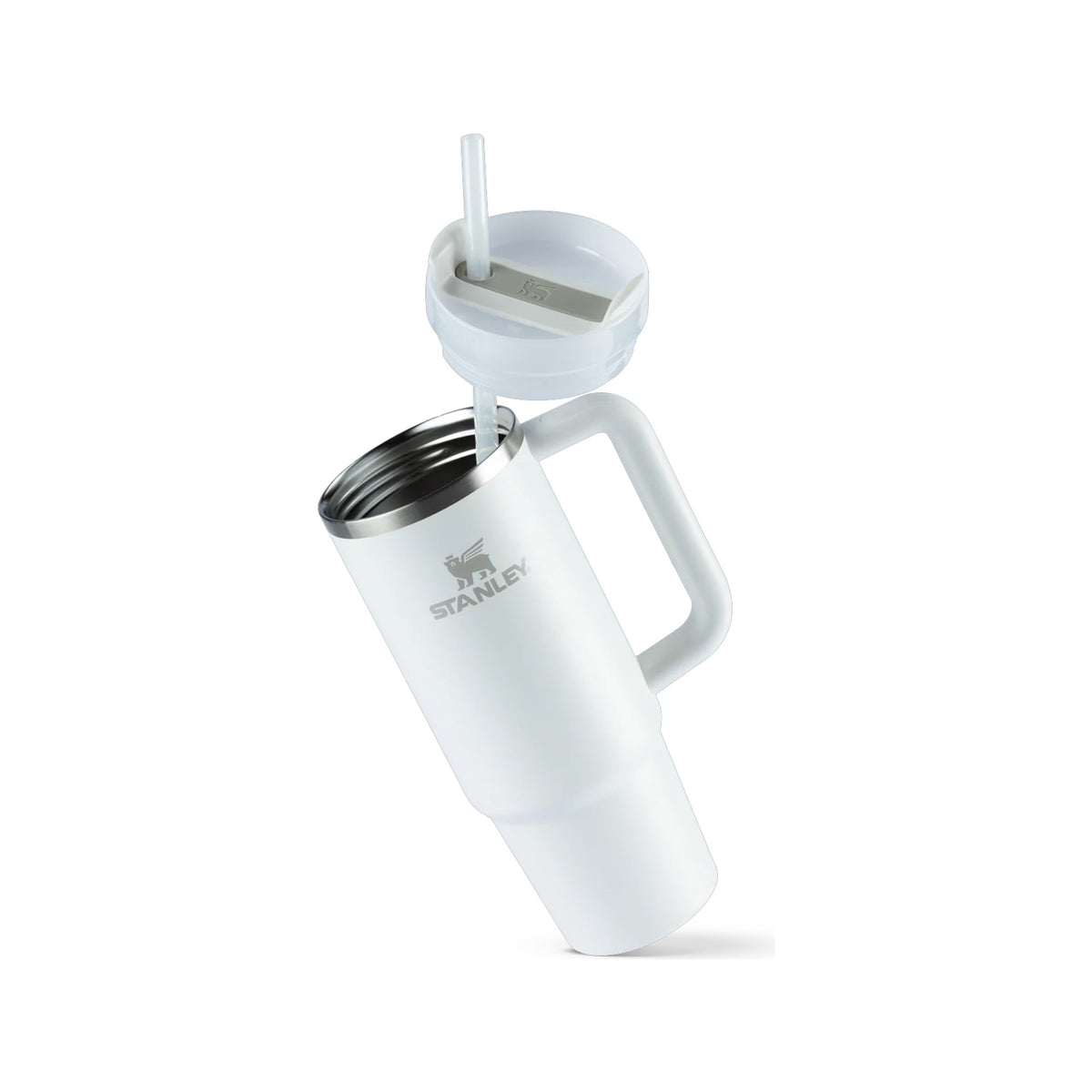 Copo Quencher Stanley 887ml branco com tampa e canudo destacáveis, ideal para manter bebidas geladas por longas horas.