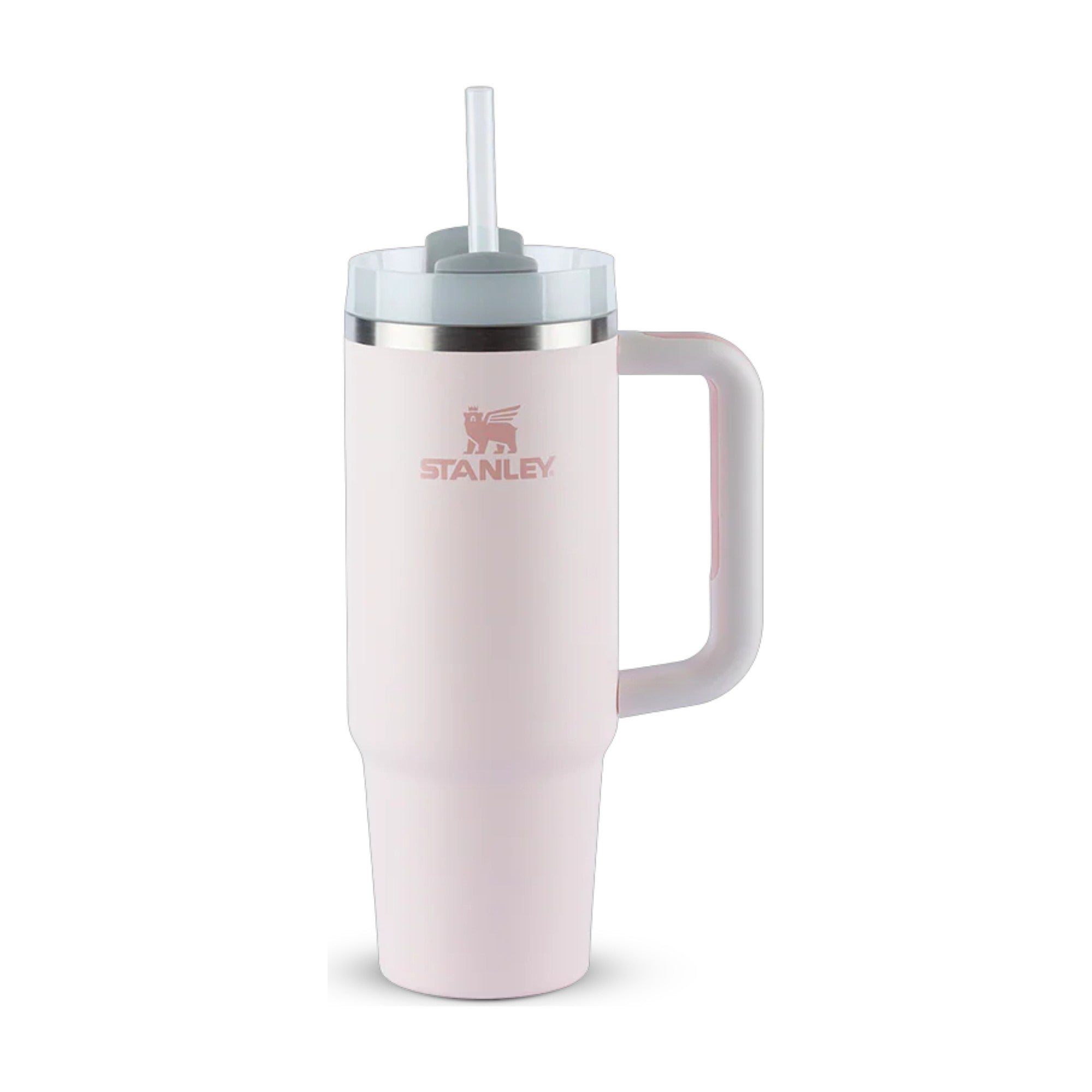 Copo Quencher Stanley 887ml rosa, térmico, 9 horas gelado, 40 horas com gelo, alça ergonômica.