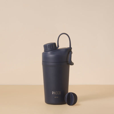 Copo Térmico PACCO Shaker 600ml em azul com tampa e bola mixer para isolamento térmico avançado, ideal para bebidas quentes ou frias.