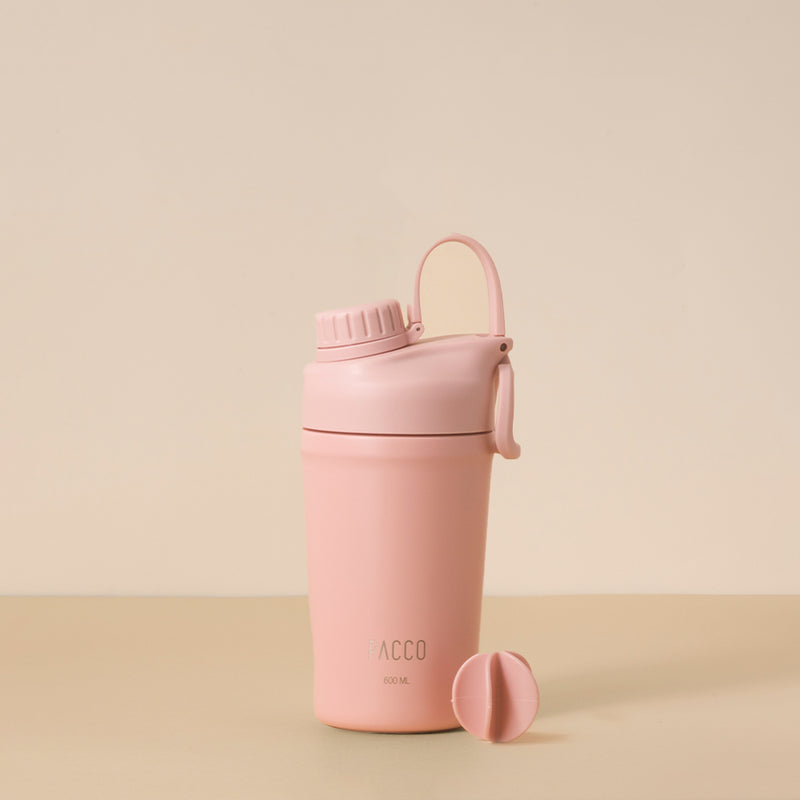 Copo Térmico PACCO Shaker 600ml rosa com isolamento térmico avançado e bola mixer, ideal para academia, viagens e uso diário.