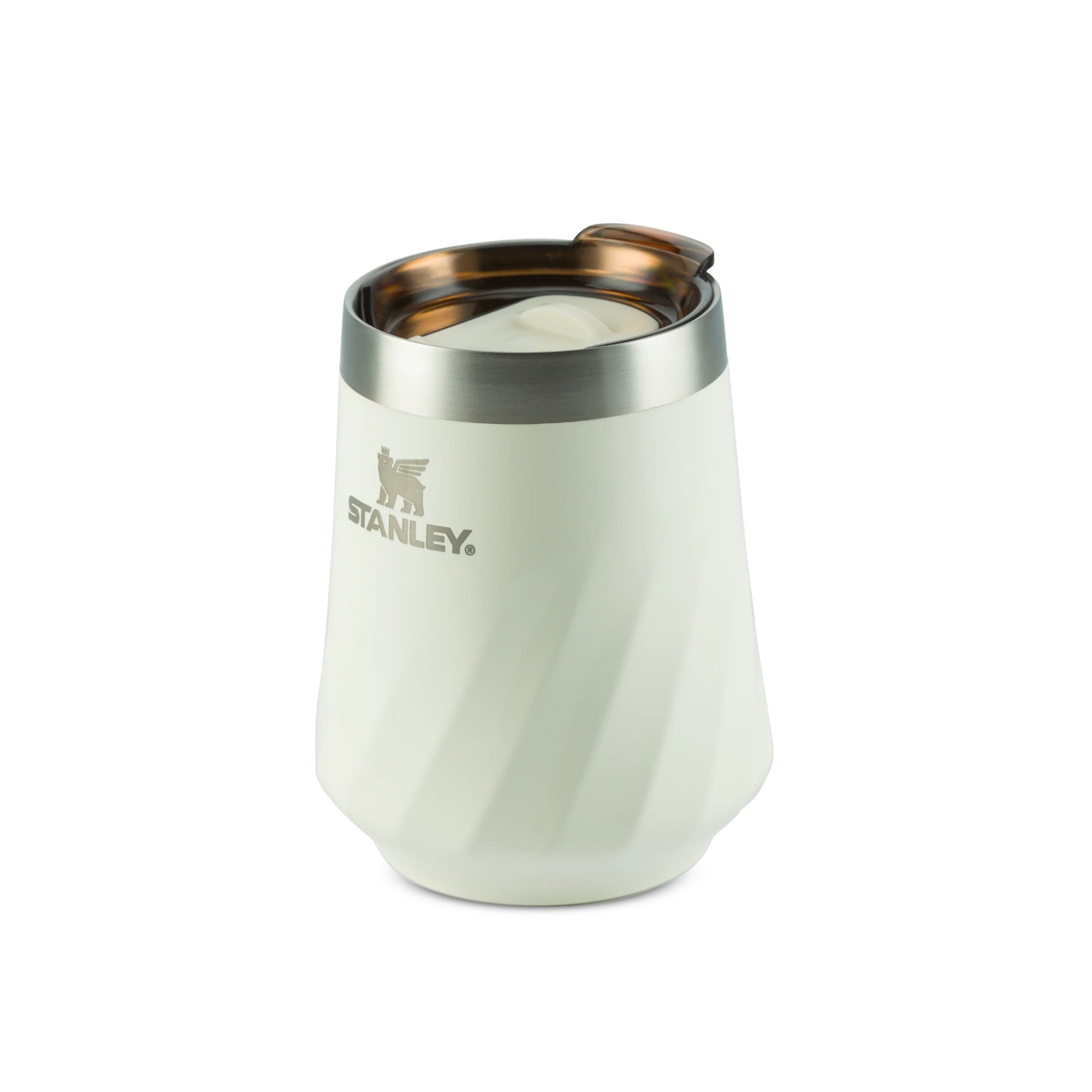 Copo Térmico Stanley Reserve Wine 325ml em design branco com tampa de aço inox, ideal para vinhos e drinks elegantes.