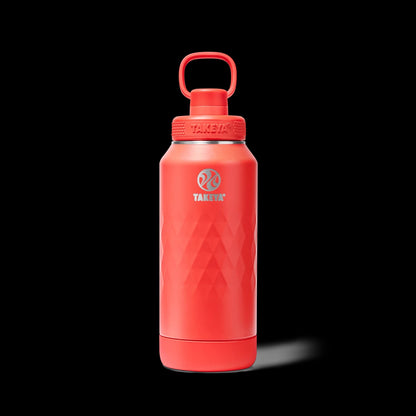 Garrafa Térmica Takeya 950ml Spout Lid Sport vermelha, isolamento triplo, 36h frio, 14h quente, moderna e eficiente, fundo preto.