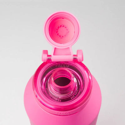 Garrafa Tampa PACCO Flow rosa aberta mostrando o interior funcional para bebidas quentes e frias, ideal para uso diário e aventuras.